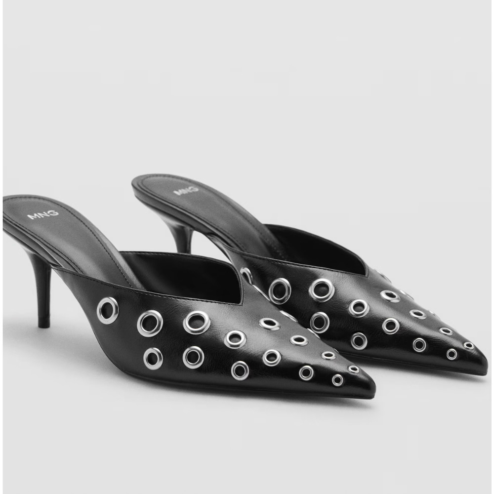 MANGO MNG BLACK EVE EYELET POINTED TOE MULE PUMPS HEELS HEELED SHOES 37 6.5 - Picture 2 of 8